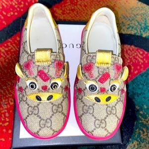 Tan, gold, pink and blue! Authentic Gucci slip shoes for girls!